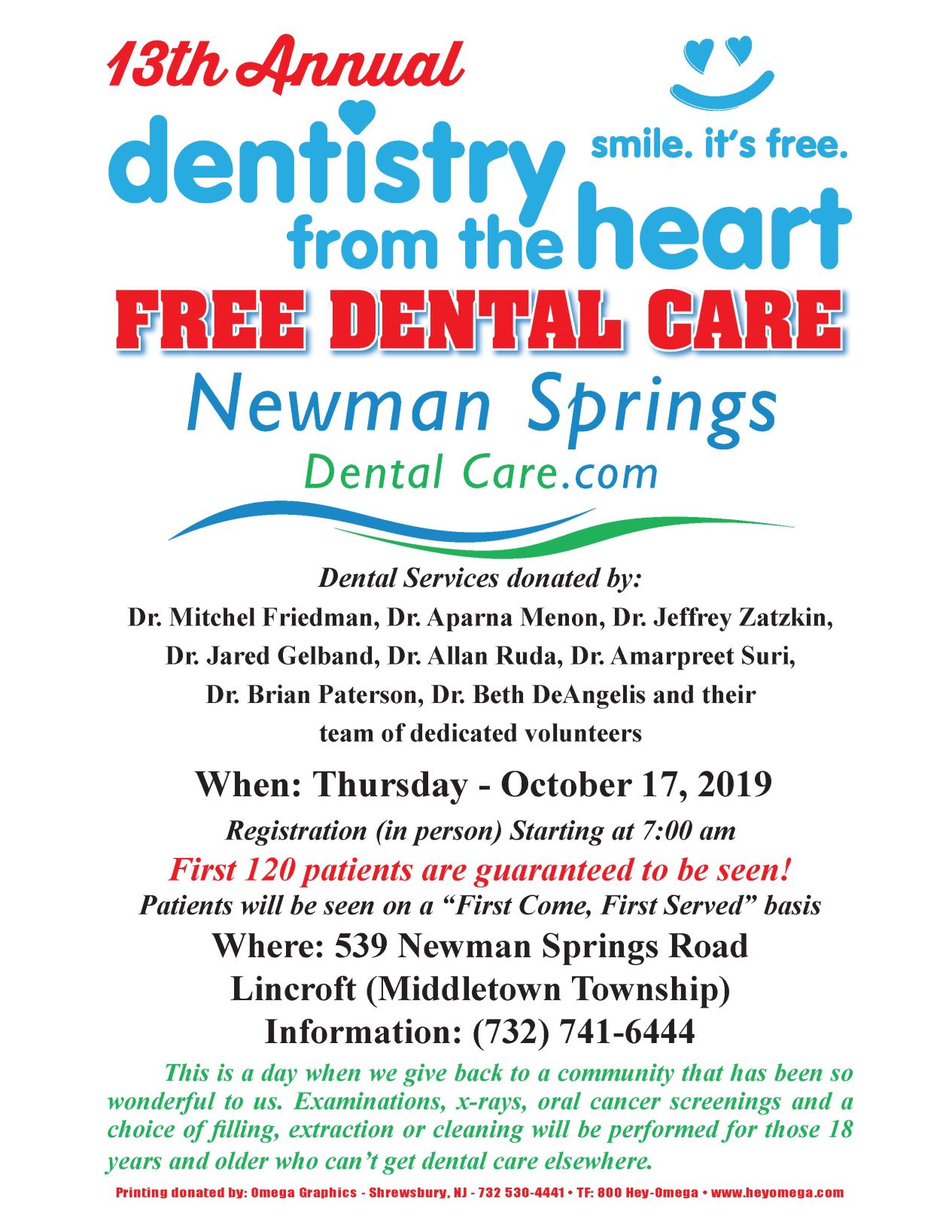 Free dental care at Lincroft practice on Thursday, October 17th!  Dentistry From The Heart, Newman Springs Dental Care’s 13th Annual  Free Day of Dentistry