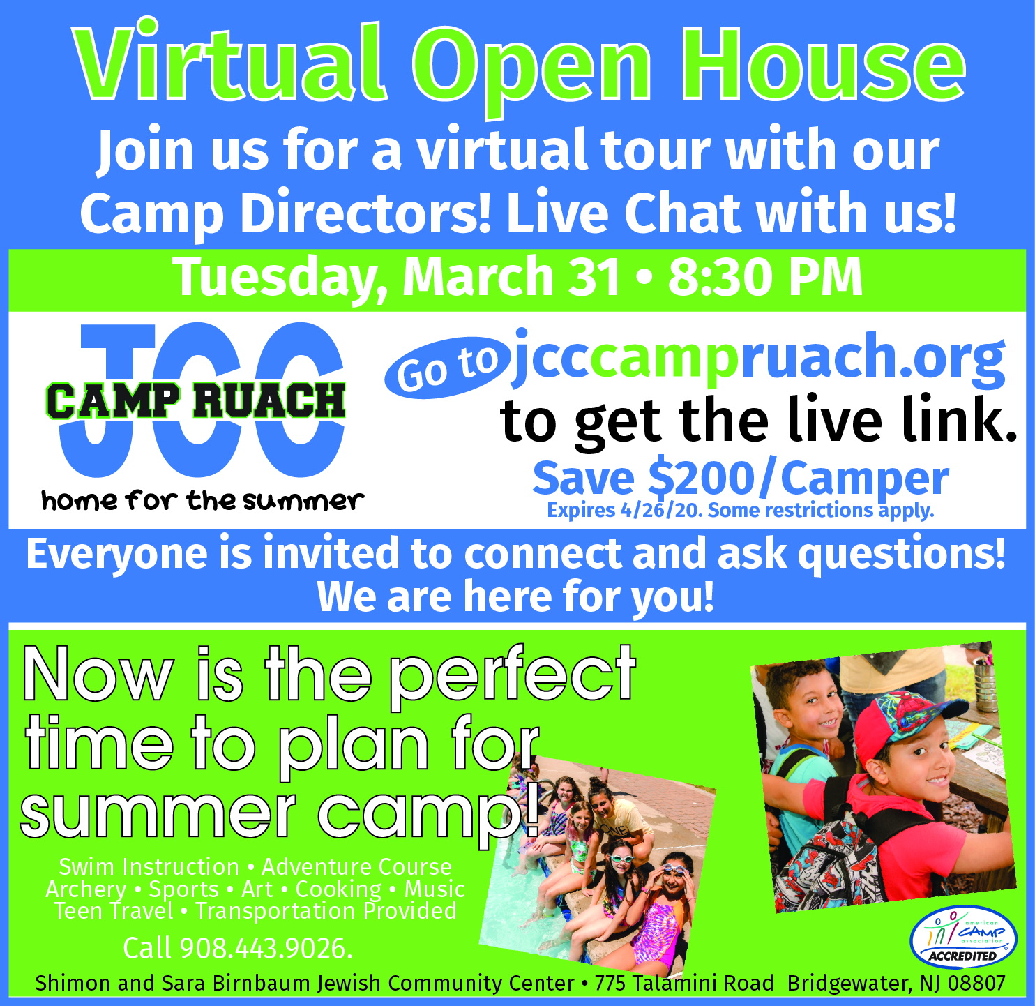 JCC Camp Ruach in Bridgewater virtual open house