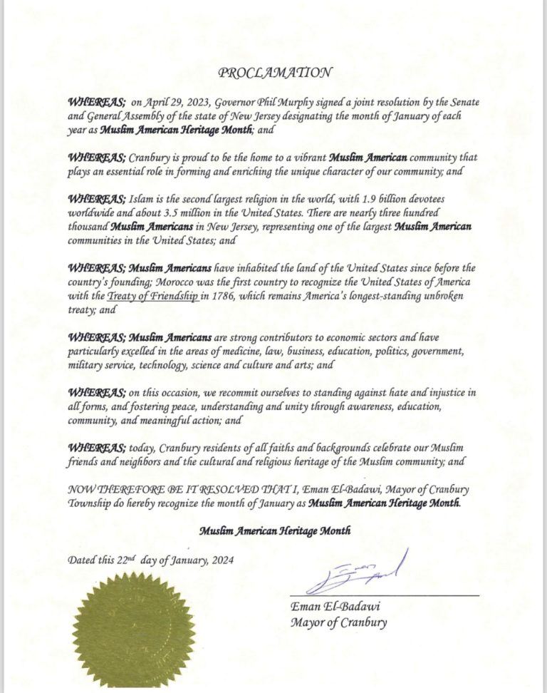 Cranbury recognizes January as Muslim American Heritage Month